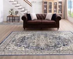 Allen + Roth Evelyn 8 x 10 (ft) Polyester Blue Rectangular Indoor Geometric French Country Area rug